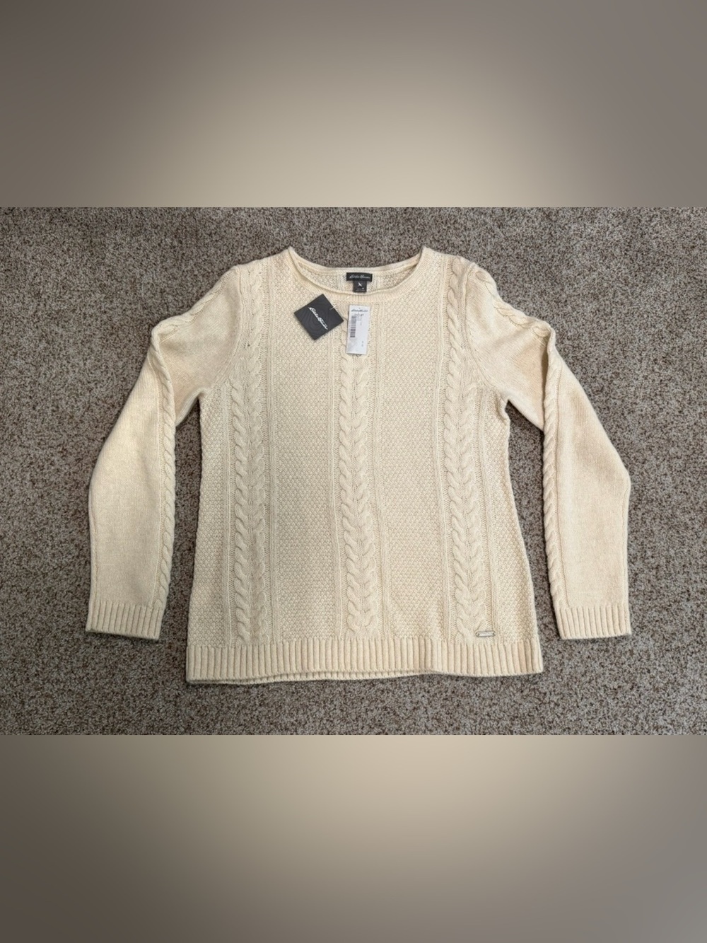 NWT Eddie Bauer Lambswool Blend Cable Knit Sweater Womens Medium Cream Fisherman